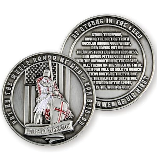 Full Armor of God Coin, Religious Challenge Coins for Bible Study & Small Groups, Templar Knight in Gods Armor Matte Silver-Color Motivational Commemorative Coin, Inspirational Bible Verse Token Gift