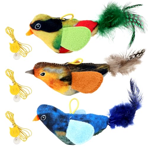 MOTIBACK Katzenspielzeug Selbstbeschäftigung - 3 Stück Fliegender Vogel zum Aufhängen Interaktives Katzenspielzeug mit Verstellbarem Gurt für Innenbereich
