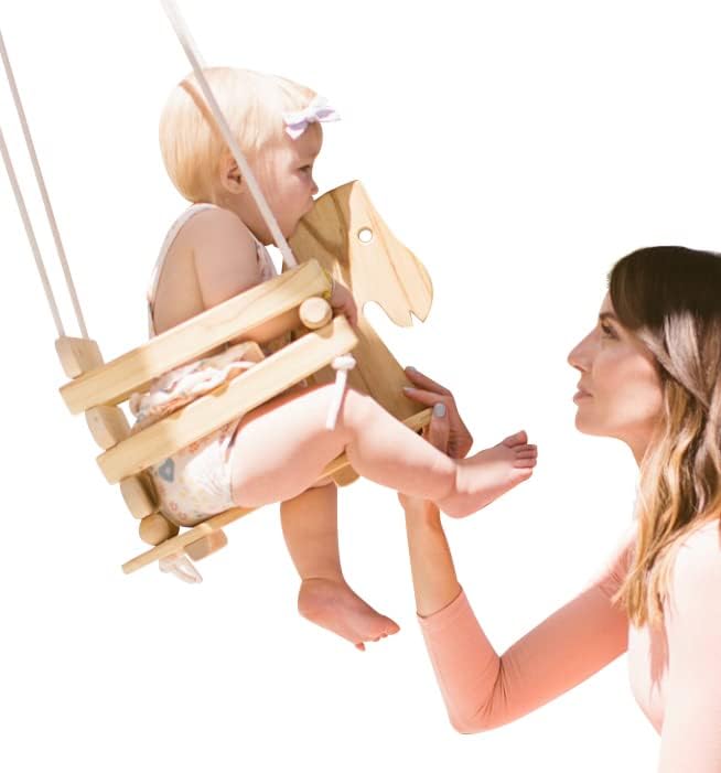 Wooden Horse Baby Swing for Outdoor Porch or Patio. Wood Toddler Swing with Bucket Chair Seat Design for Outside Swings Sets or Hanging Tree Accessories. Backyard Toy Set for Babies, Infants & Kids.