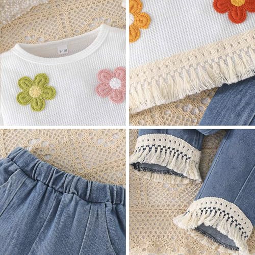 Conjunto de ropa de niña moderno con pantalones vaqueros con flecos y flores 5