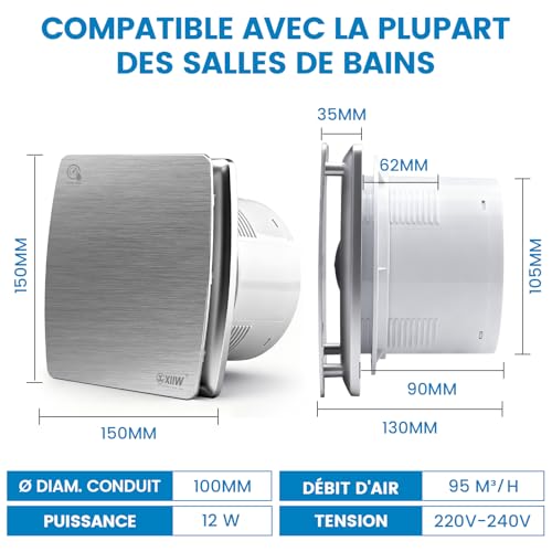 XIIW 100mm Extracteur d'Air VMC Salle de Bain Hygroréglable et Minuterie – vue 3