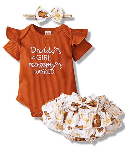 Newborn Baby Girl Clothes Romper Onesie Floral Pants Infant Girl Clothes Letter Print Cute Baby Girl Outfit Brown Baby Girls' Clothing Cotton Gifts Baby 3-6 Months Girl Clothes
