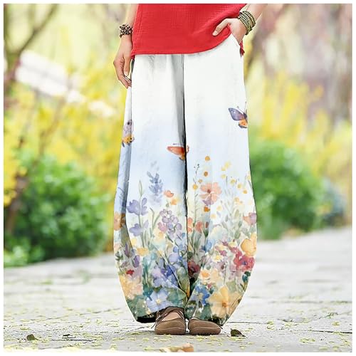 HOTYD Womens Cotton Linen Wide Leg Barrel Pants Boho Floral Print Elastic Relaxed Fit Baggy Lantern Trousers with Pockets3
