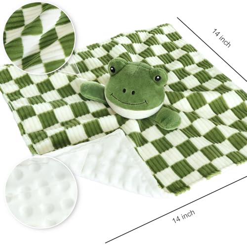 Image of Baby Lovey Blanket for Boys Girls Super Soft Checkerboard Gingham with Minky Dot Fabric Backing Frog Stuffed Animal Lovely Snuggle Toy Green 14 Inch