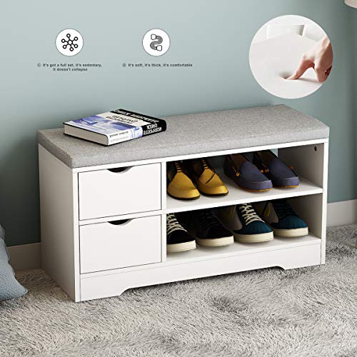 TITISKIN Shoe Storage Bench with Gray Cushion Wooden Shoe Rack Bench with 2 Shoe Rack 2 Drawer and Storage Bags Hallway Ottoman Shoe Cabinet Bench Seat for Entryway Bedroom Living Room, White - Thumbnail 5