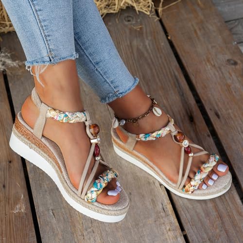 Chaussures de plage romaines à talons compensés ornées de strass chic - 7