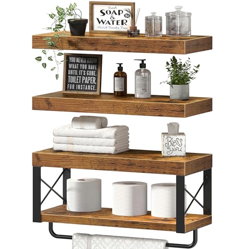 QEEIG Bathroom Shelves Over Toilet - Floating Shelf for Wall Toilet Paper Storage Farmhouse 16 inch Set of 3 Rustic Brown (029-40BN3)
