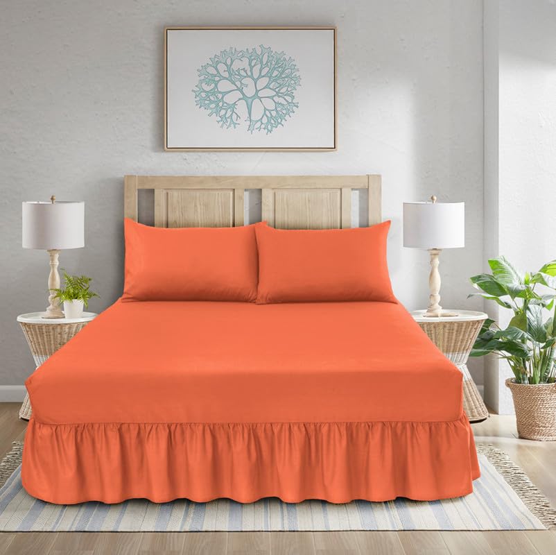 WEAVERS: 3 Pcs Luxurious Plain Frilled Valance Deep Fitted Sheet, Includes Pillowcase Pair. (Size Single Colour Orange)