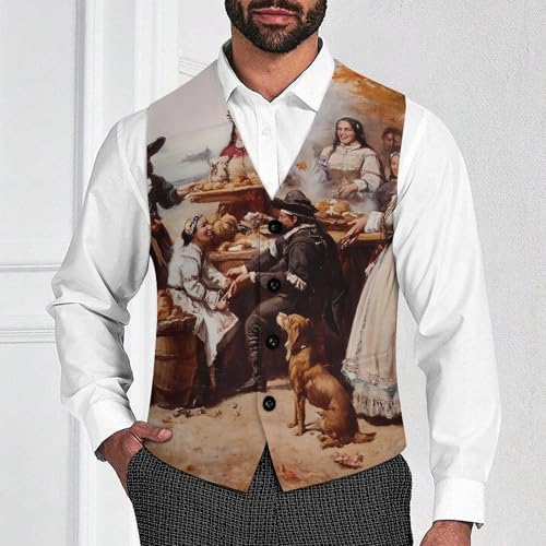 First Thanksgiving Dinner Suit Vest for Men Slim Fit Sleeveless Jacket V Neck Business Waistcoat Button Up Dressy Top4