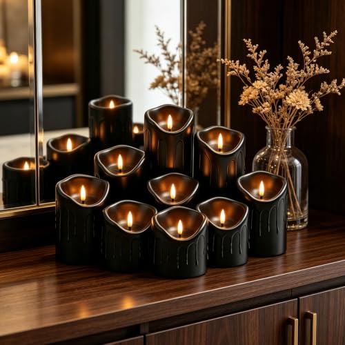 Image of Nimiko Flameless Candles with Remote, Battery Operated Flickering Flameless Candles, LED Candles with Timer 2 /4 /6 /8H, Realistic Drop Wax flameless Candle Set of 9 (D3 x H 3 inch 4 inch 5 inch 6 inch 7 inch) (Black)