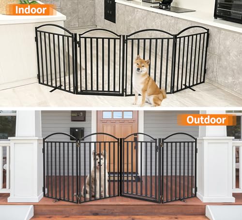 Malier Metal Freestanding Dog Gates with Door, 32\'\' Height Outdoor Indoor Dog Fences, 96\'\' Extra Wide Foldable Puppy Gate Free Standind Tall Pet Gate for Stairs, Hallways, Yard (Black, 4 Panels) - Thumbnail 6