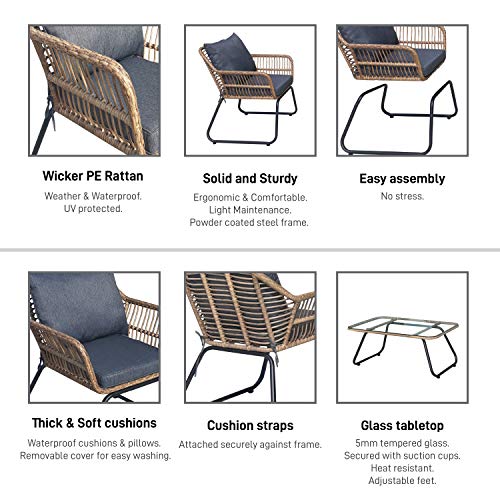 Dukap Lugano 6 Piece Patio Seating Set With Cushions, Outdoor Conversation Seats With Weather And Water Resistance | Natural Frame Color With Black Legs And Grey Cushioned Porch Furnitures #TOP3