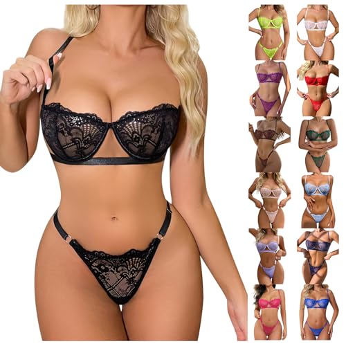 Generisch Dessous Damen Sexy Reizwäsche Set 2-Teiliges Transparent Floral Sticken Kein Bügel BH und Durchsichtige Mesh Tanga Reizwäsche Erotischer Damen Slip Spitzen Bodysuit Frau Sexy Set