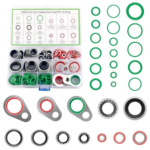 139PCS Professional AC O Ring Kit,30 Sizes Includes 54 Rubber O-Ring Assortment Kit with 85 Compressor Gaskets for Tight Seal,Durable AC Seal Kits for Car Accessories