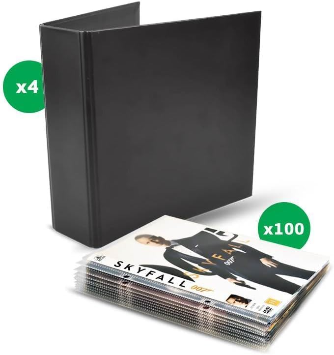 DJOIS by Tarifold - DVD Storage Bundle – 100 Protective Sleeves + 4 Black 2-Ring Binders – Holds Discs & Covers – Flap Closure – Space-Saving Design – Made in Denmark (10264)