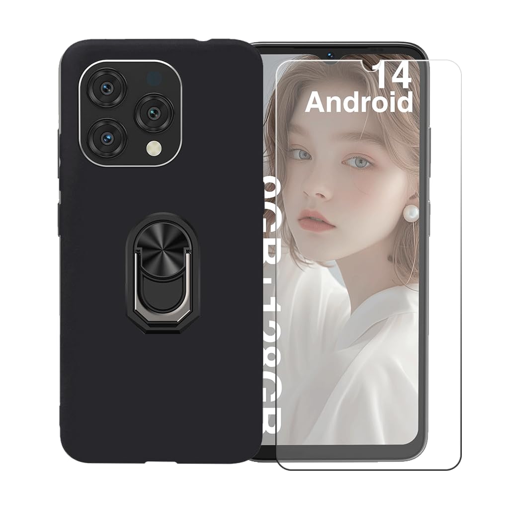 Cover Doogee N55 Pro In TPU Nero + Staffa Girevole 360° + Pellicola Vetro Temperato - Custodia Protettiva Completa Kit 3 In 1 - 3