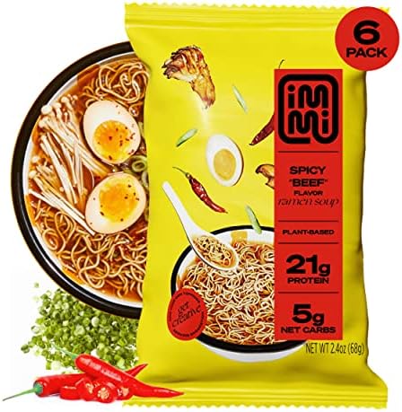 immi Spicy "Beef" Ramen, 100% Plant Based, Keto Friendly, High Protein, Low Carb, Packaged Noodle Meal Kit, Ready to Eat, 6 Pack
