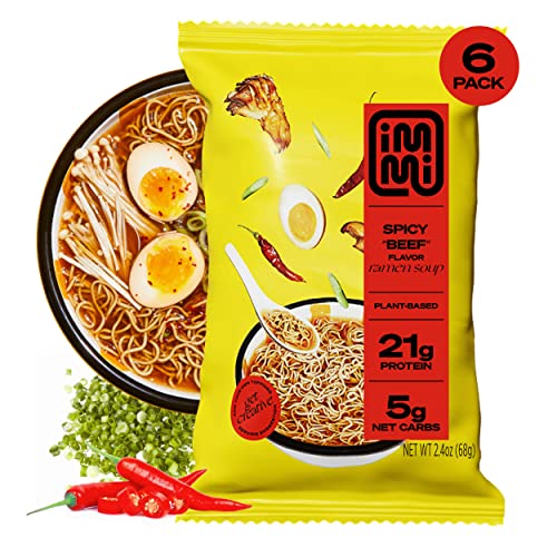 Immi Spicy "Beef" Ramen, 100% Plant Based, Keto Friendly, High Protein, Low Carb, Packaged Noodle Meal Kit, Ready To Eat, 6 Pack #TOP21