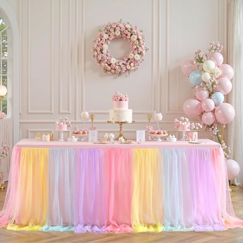 4 Pack 8ft Rainbow Tulle Tablecloths for Rectangle Tables, 8 Foot Rainbow Rectangular Table Cloth Wrinkle Free Tablecover with Tutu Skirt for Baby Shower Girls Birthday Party Banquet Buffet Cake by Suppromo - Image 2