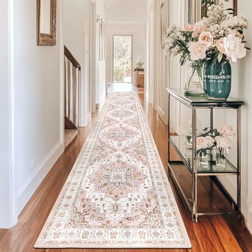 Madane Hallway Runner Rug 2x12, Extra Long Washable Runner Rugs with Rubber Backing, Non Slip Carpet Runner, Vintage Medallion Rug Runners for Kitchen Laundry Room Entryway (Pink, 2'x12')
