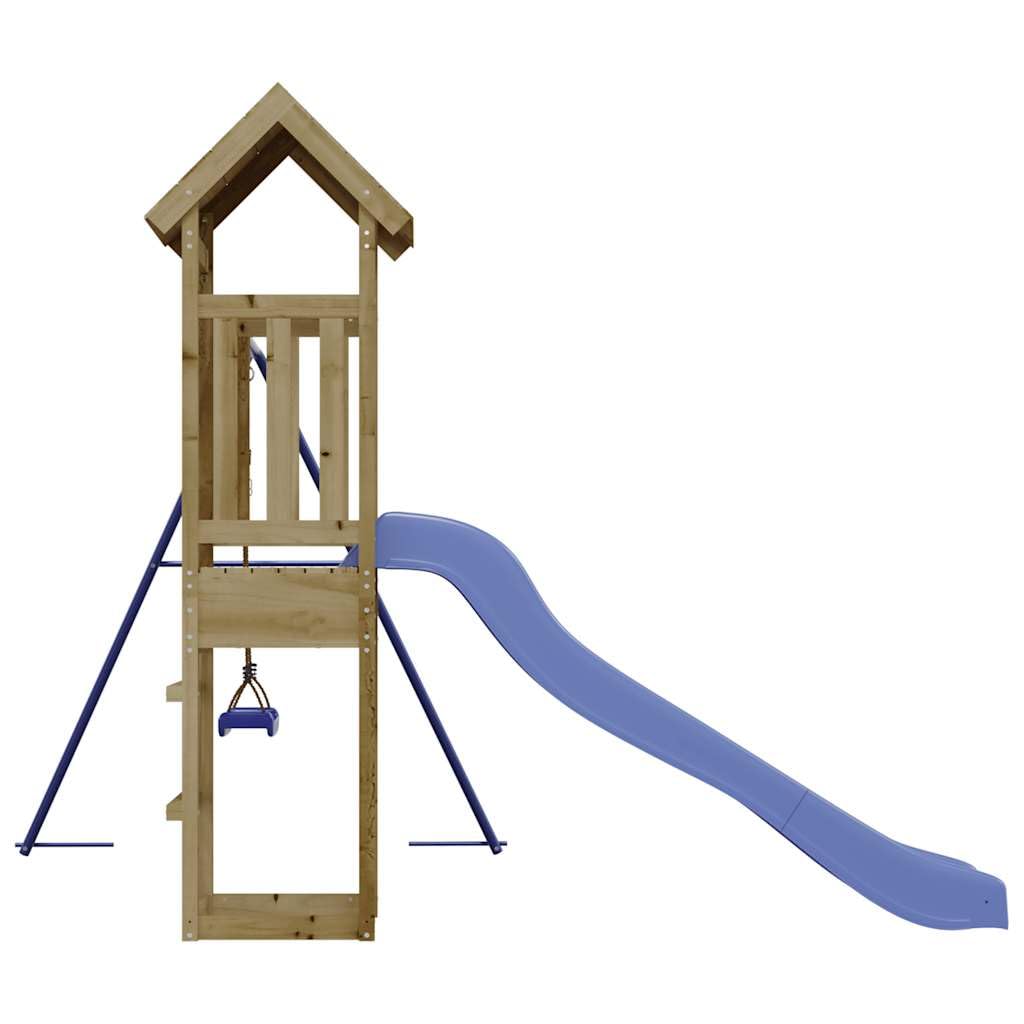 Torre de juegos de madera de pino impregnada con columpio, tobogán, arenero y pedestal, estructura de escalada para jardín, patio o terraza, parque infantil para movimiento y aventura al aire
