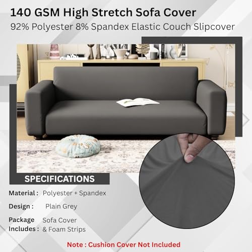 Image of Lukzer 1 Seater Plain Grey Design Universal Sofa Cover | 360 Fully Covered Anti-Slip Washable Couch Cover Protecter | 140 GSM Stretch Fit Polyester + Spandex Slipcover (90-140cm /SC-030-01)
