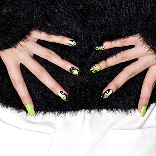 Neon Green Press On Nails Medium Short Square, Green Chess Acrylic Oval Fake Nails With Checkerboard Design Stick Glue On Nails 24Pcs Reusable Fire False Nail Tips With Adhesive Tabs Fake Nail File #TOP4