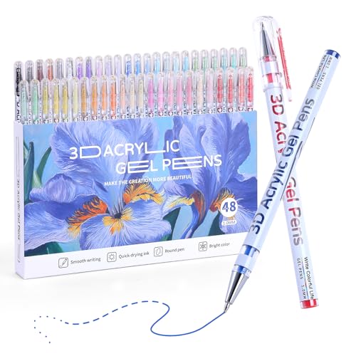 KEMYR 48 Vibrant Colors 3D Acrylic Gel Pens, 1mm Bullet Tip, Smooth Flow Gel Markers for Black Paper, Bullet Journal, DIY Cards, Fabric, Leather, Sketches, Ideal for Artists & Stationery Enthusiasts