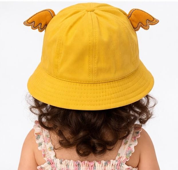 Yanwenx Kids Bucket Hat with Cartoon Patch & Wing Design – Cotton Summer Cap for Boys & Girls (2-5 Years) Breathable Sun Protection Outdoor Hat Yellow