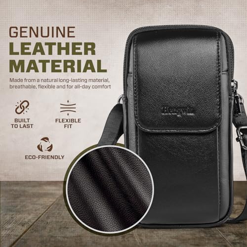 Hengwin Multifunctional Genuine Leather Double Zip Bags Men Vintage Look Shoulder Bag Mobile Phone Belt Bag Phone Holster for Travel Outdoor Activities (Black) - Image 2