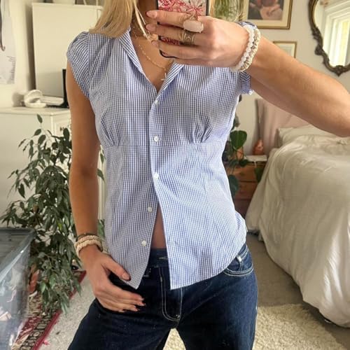 Image of Y2k Girls Vintage Coquette Button Down Shirt Women Short Sleeve V-Neck Slim Fitted T-Shirt Cute Blouse Crop Top