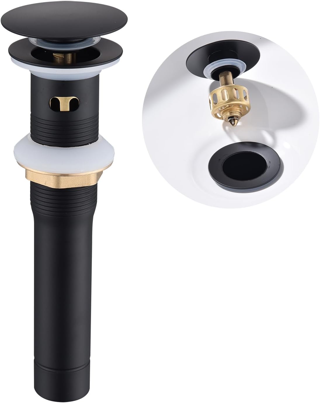 Bathroom Sink Drain Matte Black with Overflow, Pop Up Drain Stopper Vessel Sink Lavatory Vanity Anti-Clog Detachable Strainer Basket