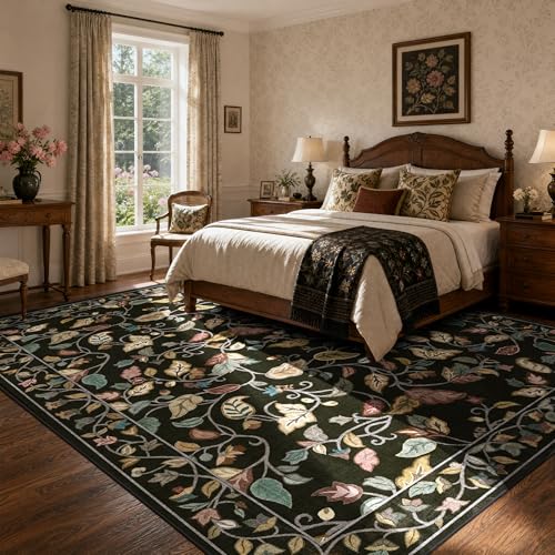 AIMPAEK Black 8x10 Rugs for Living Room, Large Machine Washable Area Rug Non-Slip TPR Backing, Vintage Botanical Floral Leaf Rugs Soft Low Pile Carpet for Bedunder Kitchen Nursery 8x10ft Black