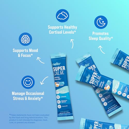 Image of Nello Supercalm Drink Mix with Magnesium Glycinate, KSM 66 Ashwagandha, Vitamin D3 and L Theanine, Calm Powder Supplements for Relaxation Support, No Sugar, Travel Packets, 20 Ct, Blue Coconut