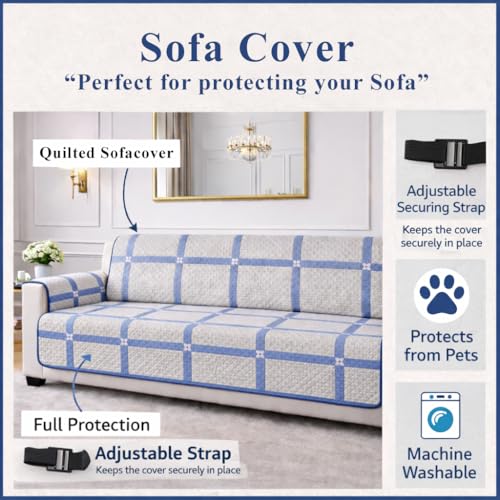 Image of STITCHNEST 'Double Vie Collection Series' Cotton Quilted Reversible Sofa Cover 1 Seater with Arm Rest and Pocket | Size 24x60 Inch