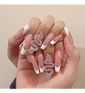 LANOVA French Tips Long Coffin Press on Nails,Nude Pink White Tip Fake Nails With Snake Rhineston...
