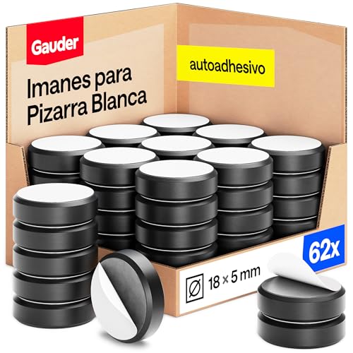 GAUDER Imanes con almohadilla adhesiva para pizarra magnética, imanes fuertes para pizarra, tablón de anuncios, frigorífico y oficina, redondos, negros con alta fuerza de sujeción (62 unidades, 18 x 5