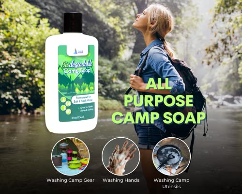 Biodegradable Camp Soap - 8 Oz Bottle Soap - For Fresh & Salt Water - For Hands, Dishes & Clothing - Unscented Liquid Camp Soap - Fragrance Free Hand Soap - Travel Laundry Soap #TOP3