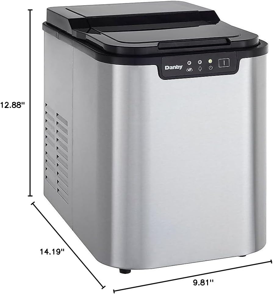 Danby DIM2500SSDB Portable Ice Maker with dimensions labeled
