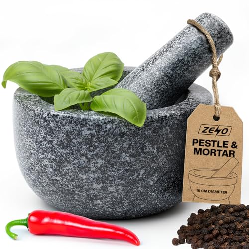 ZENO Pestle and Mortar 16CM | Large Solid Granite Stone Pestle and Mortar Set | Heavy Duty Mortar and Pestle for Crushing and Grinding Spices Herbs Seeds Garlic | 6.3 Diameter