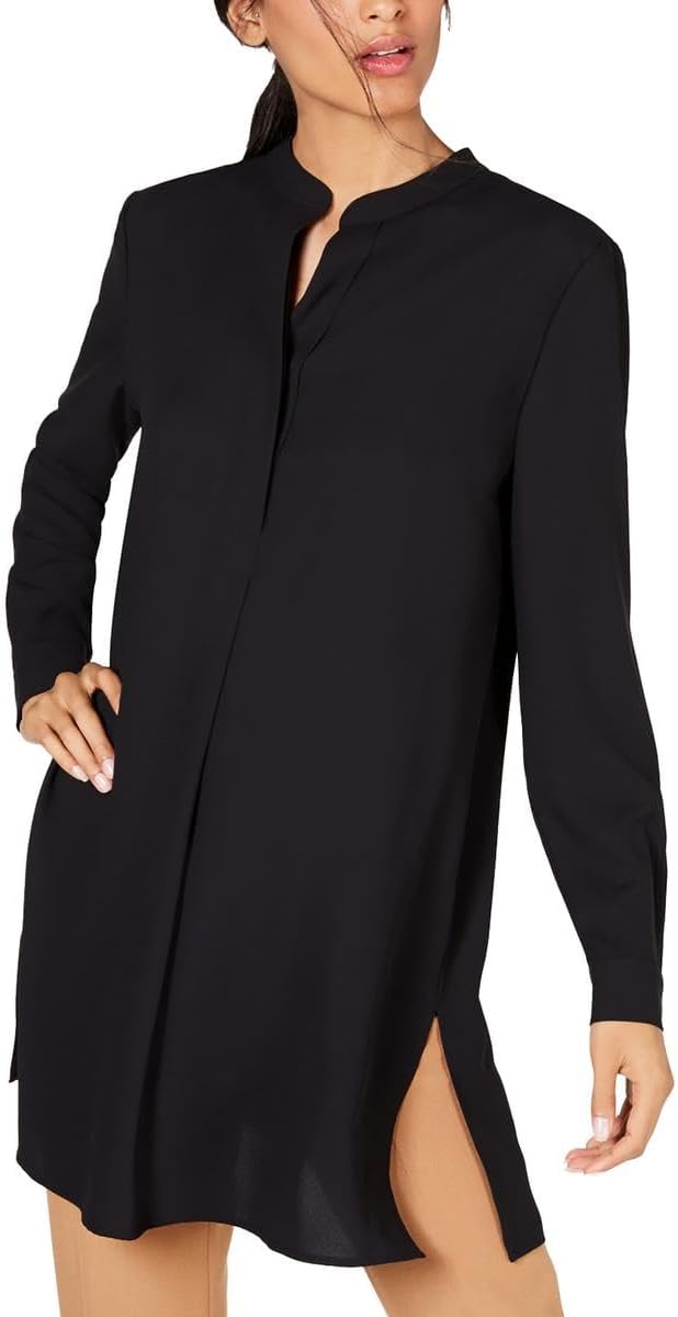 Anne Klein POP-Over Blouse with Covered Placket and Side Slit Asphalt