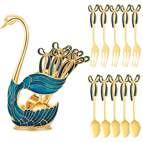 Gusnilo 11PCS Fruit Fork Dessert Spoon Dinnerware Set,Swan Base Holder with 5 Forks and 5 Spoons Metal Creative Stainless Steel Dinnerware Set Mini Dessert Spoons(Peacock Blue,Swan)