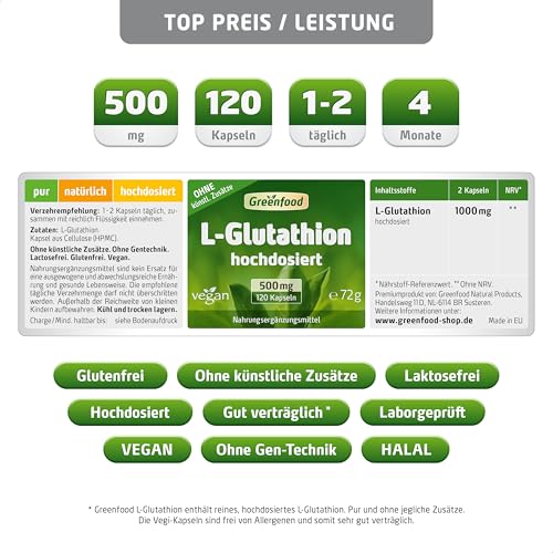 L-Glutathion, hochdosiert, 500mg - 120 Kapseln, vegan. Antioxidatives Nahrungsergänzungsmittel - mit hoher Bioverfügbarkeit. OHNE künstliche Zusätze - laborgeprüft. Von Greenfood. – Bild 3