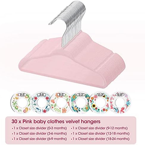Minnebaby Velvet Baby Hangers 30 Pack, Ultra Thin No Slip Nursery Clothes Hangers with 6 Pcs Cute Clothing Dividers for Baby Boys & Girls Closet Organizer, Pink Kids Hangers