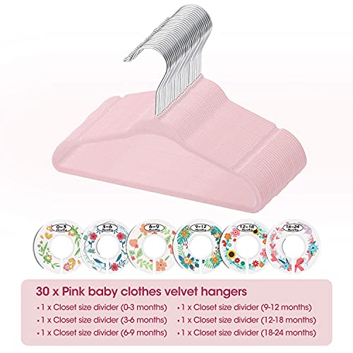 Minnebaby Velvet Baby Hangers 30 Pack, Ultra Thin No Slip Nursery Clothes Hangers With 6 Pcs Cute Clothing Dividers For Baby Boys & Girls Closet Organizer, Pink Kids Hangers #TOP6