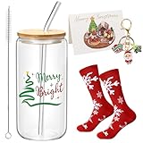 Tasse Noel, Verre de Noel Avec Couvercles et Pailles 500 Ml,Verre Matcha,Cadeaux de Noël Avec Brosse de Nettoyage, Porte-Clés, Carte de Vœux,Peuvent être Utilisés Comme Verres à Boire, Gobelets à Jus