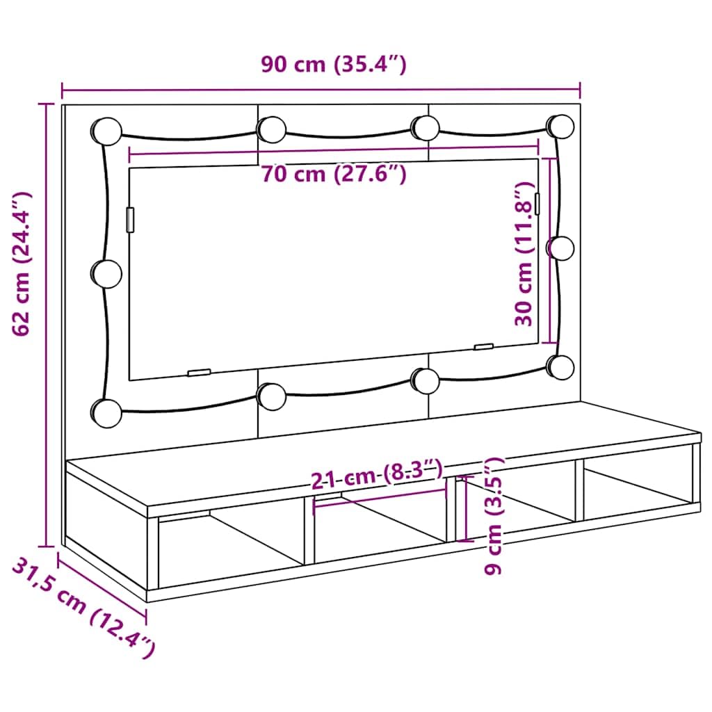 vidaXL Mobiletto a Specchio con LED in Rovere Artigianale 90x31,5x62 cm