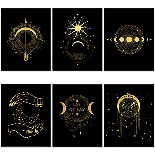 SEAREE Sun and Moon Wall Art - Canvas Print Sun and Moon Wall Decor Poster - Abstract Black and White Wall Art - 8x10 Inches Unframed Set Of 6, Gold Sun, Moon, Planet,For Living Room Wall Art, Bedroom Wall Decor, Office Wall Art Posters .(Unframed) (