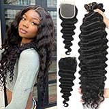 Loose Deep Wave Bundles with Closure 14 16 18 +12 Inch 100% Unprocessed Brazilian Virgin Hair Bundles with Closure Wet and Wavy Curly Weave 3 Bundles and Closure Natural Color for Women