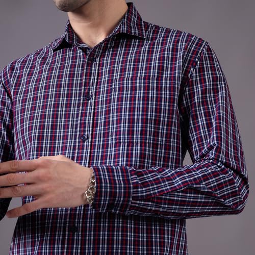 Image of Urban Scottish Men's Regular Fit Cotton Checked Shirt, Long Sleeve Button Down Collared Soft Breathable Fabric, Classic Everyday Wear Casual Shirt for Mens - Navy